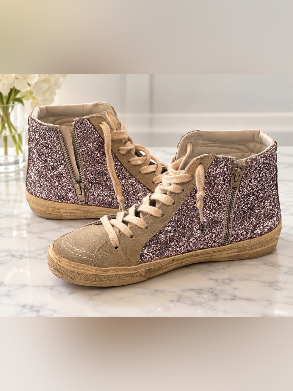 Golden Goose Pink Glitter High-Top Sneakers with Beige Suede
